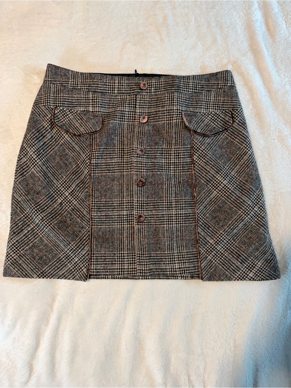 Brown Plaid Tweed Mini Skirt Button Front Dark Academia Vintage Style Size L